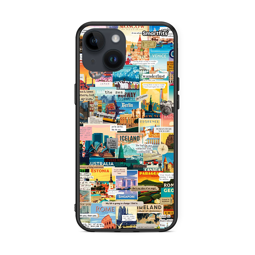 iPhone 15 Live To Travel θήκη από τη Smartfits με σχέδιο στο πίσω μέρος και μαύρο περίβλημα | Smartphone case with colorful back and black bezels by Smartfits