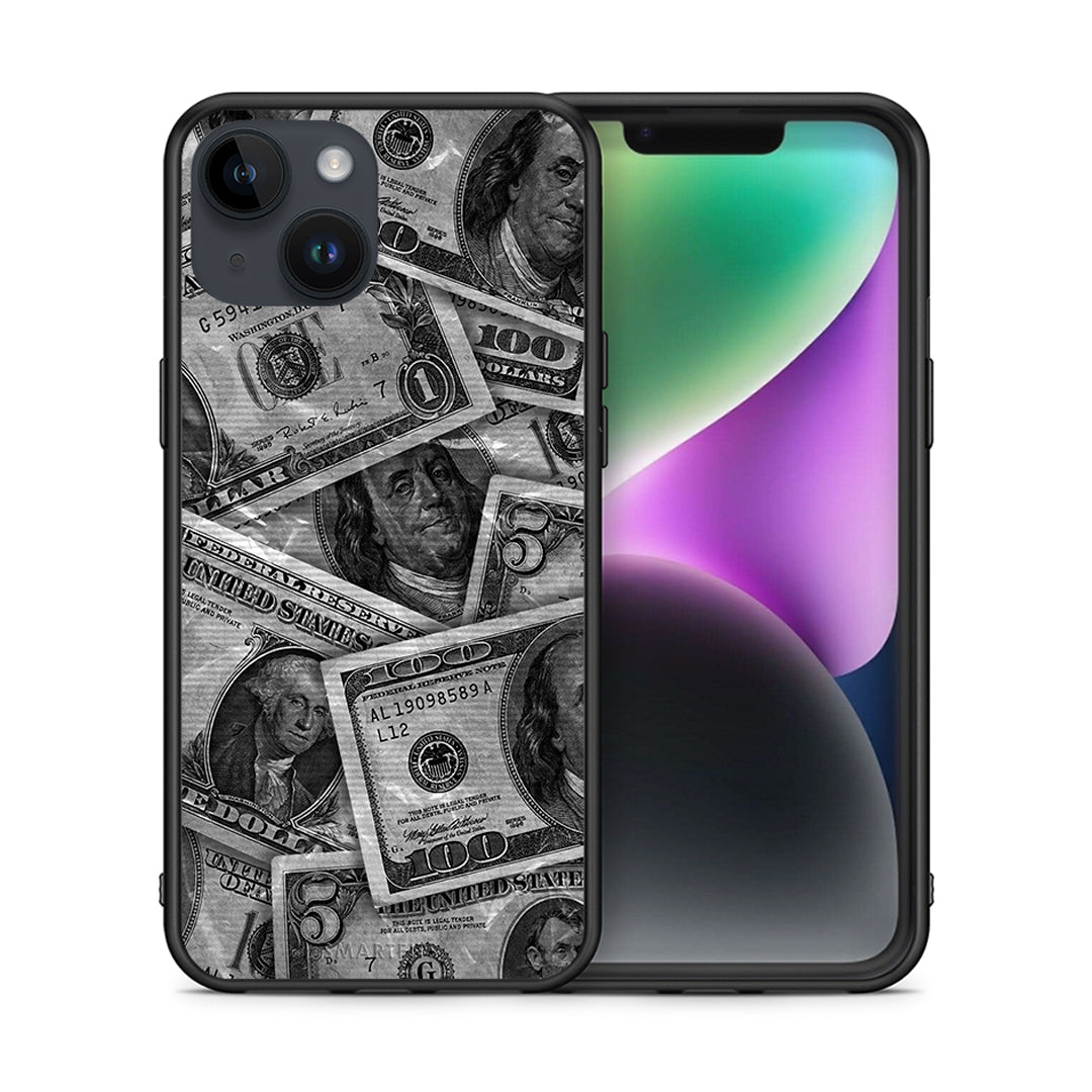 Θήκη iPhone 15 Money Dollars από τη Smartfits με σχέδιο στο πίσω μέρος και μαύρο περίβλημα | iPhone 15 Money Dollars case with colorful back and black bezels