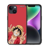 Thumbnail for Θήκη iPhone 15 Pirate Luffy από τη Smartfits με σχέδιο στο πίσω μέρος και μαύρο περίβλημα | iPhone 15 Pirate Luffy case with colorful back and black bezels