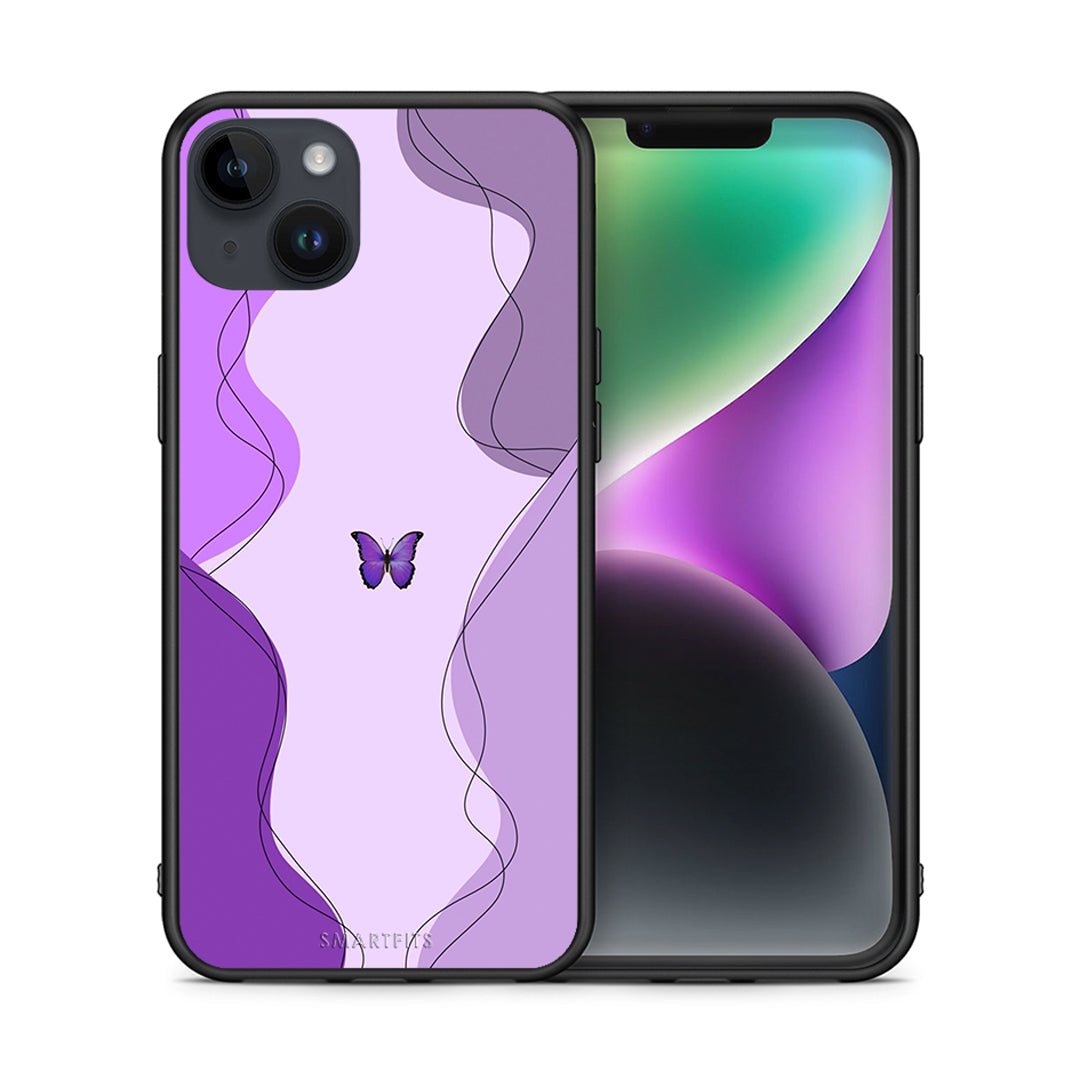 Θήκη Αγίου Βαλεντίνου iPhone 14 Plus Purple Mariposa από τη Smartfits με σχέδιο στο πίσω μέρος και μαύρο περίβλημα | iPhone 14 Plus Purple Mariposa case with colorful back and black bezels