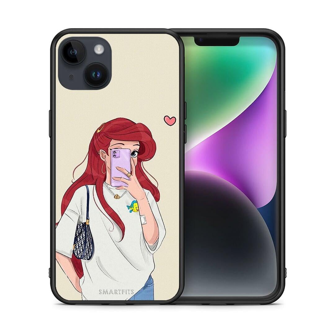 Θήκη iPhone 14 Plus Walking Mermaid από τη Smartfits με σχέδιο στο πίσω μέρος και μαύρο περίβλημα | iPhone 14 Plus Walking Mermaid case with colorful back and black bezels