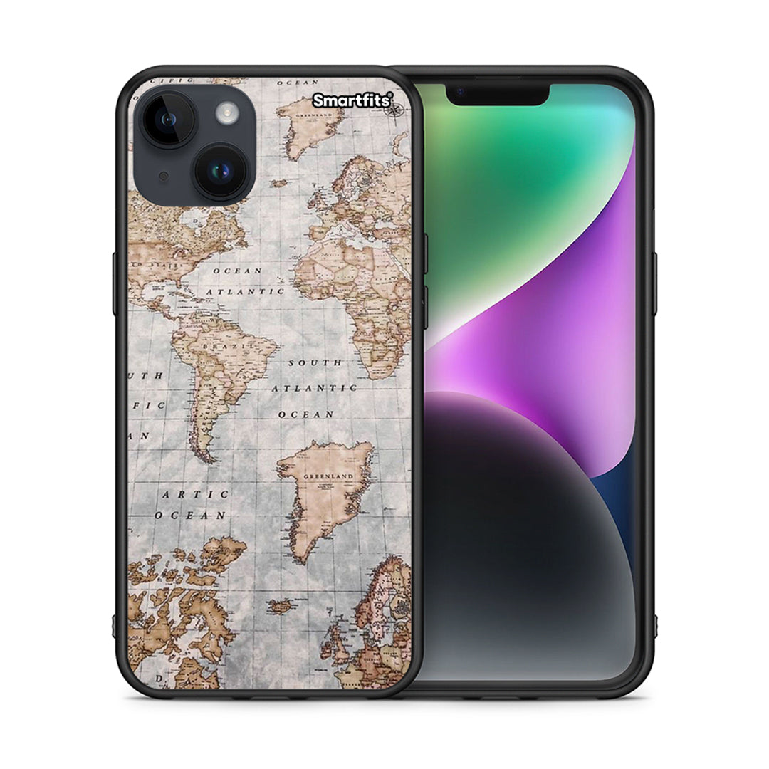 Θήκη iPhone 14 Plus World Map από τη Smartfits με σχέδιο στο πίσω μέρος και μαύρο περίβλημα | iPhone 14 Plus World Map case with colorful back and black bezels