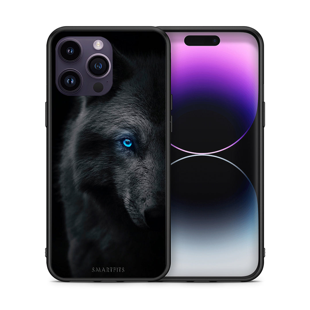 Θήκη iPhone 14 Pro Dark Wolf από τη Smartfits με σχέδιο στο πίσω μέρος και μαύρο περίβλημα | iPhone 14 Pro Dark Wolf case with colorful back and black bezels