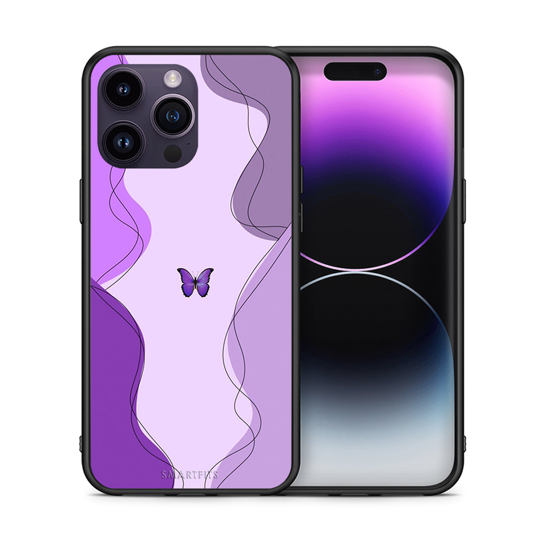 Θήκη Αγίου Βαλεντίνου iPhone 15 Pro Purple Mariposa από τη Smartfits με σχέδιο στο πίσω μέρος και μαύρο περίβλημα | iPhone 15 Pro Purple Mariposa case with colorful back and black bezels