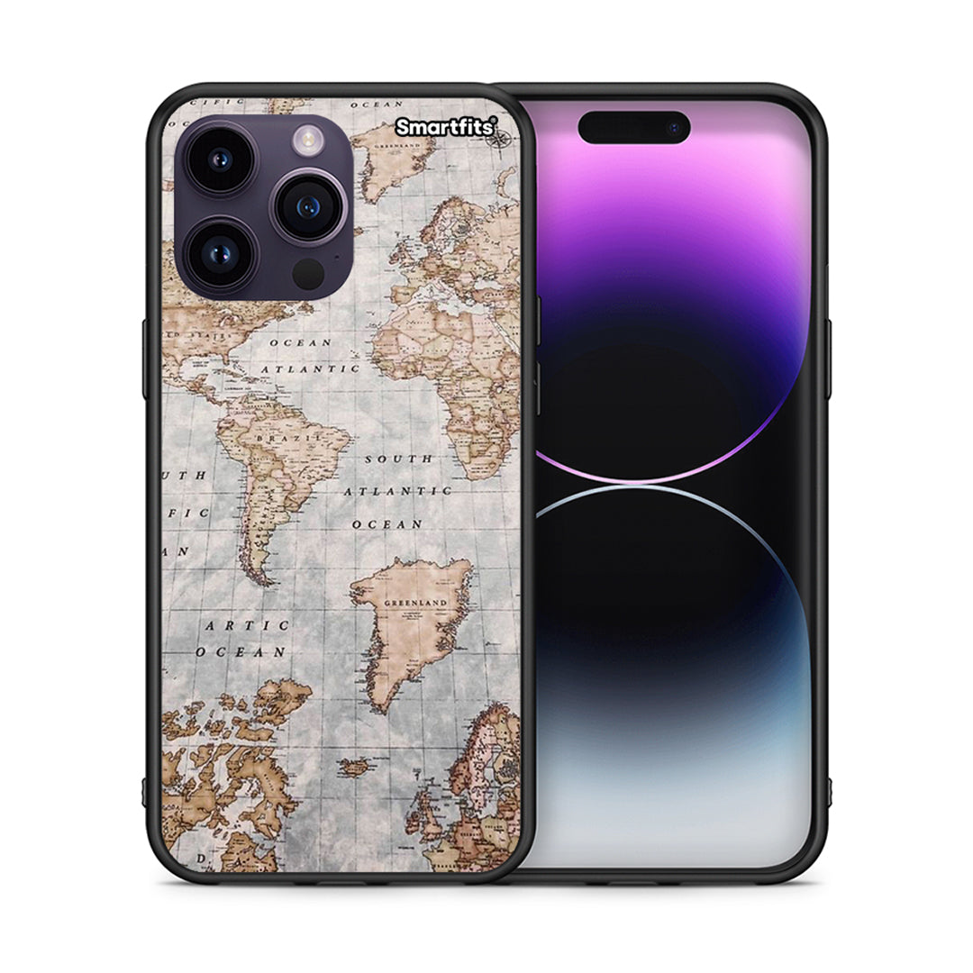 Θήκη iPhone 15 Pro World Map από τη Smartfits με σχέδιο στο πίσω μέρος και μαύρο περίβλημα | iPhone 15 Pro World Map case with colorful back and black bezels