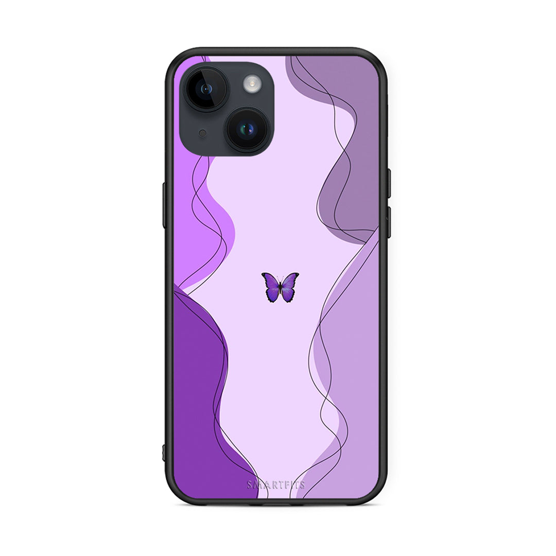 iPhone 15 Purple Mariposa Θήκη Αγίου Βαλεντίνου από τη Smartfits με σχέδιο στο πίσω μέρος και μαύρο περίβλημα | Smartphone case with colorful back and black bezels by Smartfits