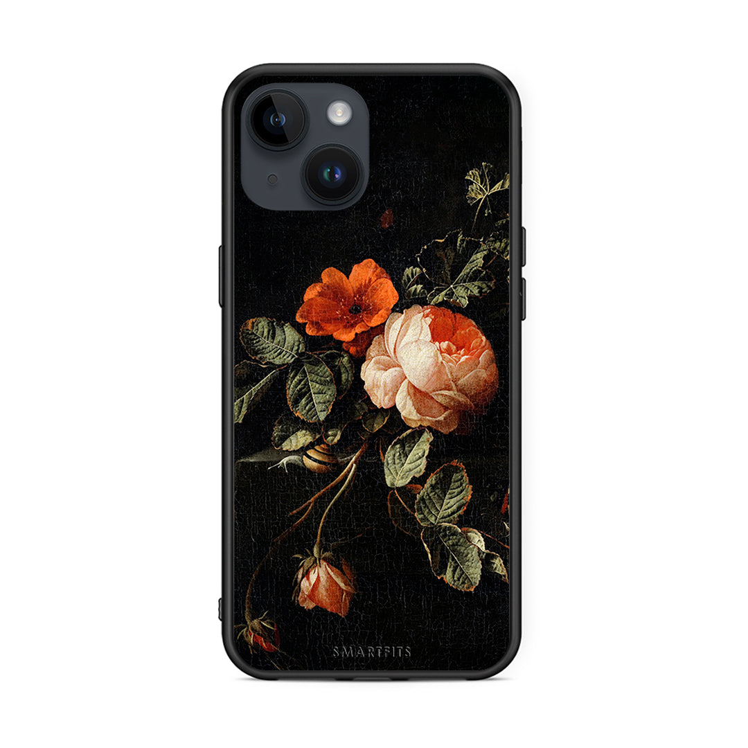 iPhone 15 Vintage Roses θήκη από τη Smartfits με σχέδιο στο πίσω μέρος και μαύρο περίβλημα | Smartphone case with colorful back and black bezels by Smartfits