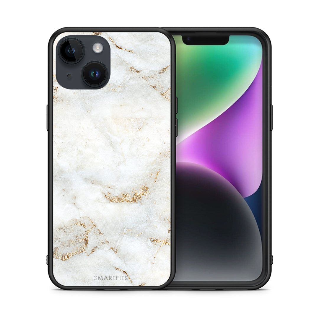 Θήκη iPhone 15 White Gold Marble από τη Smartfits με σχέδιο στο πίσω μέρος και μαύρο περίβλημα | iPhone 15 White Gold Marble case with colorful back and black bezels