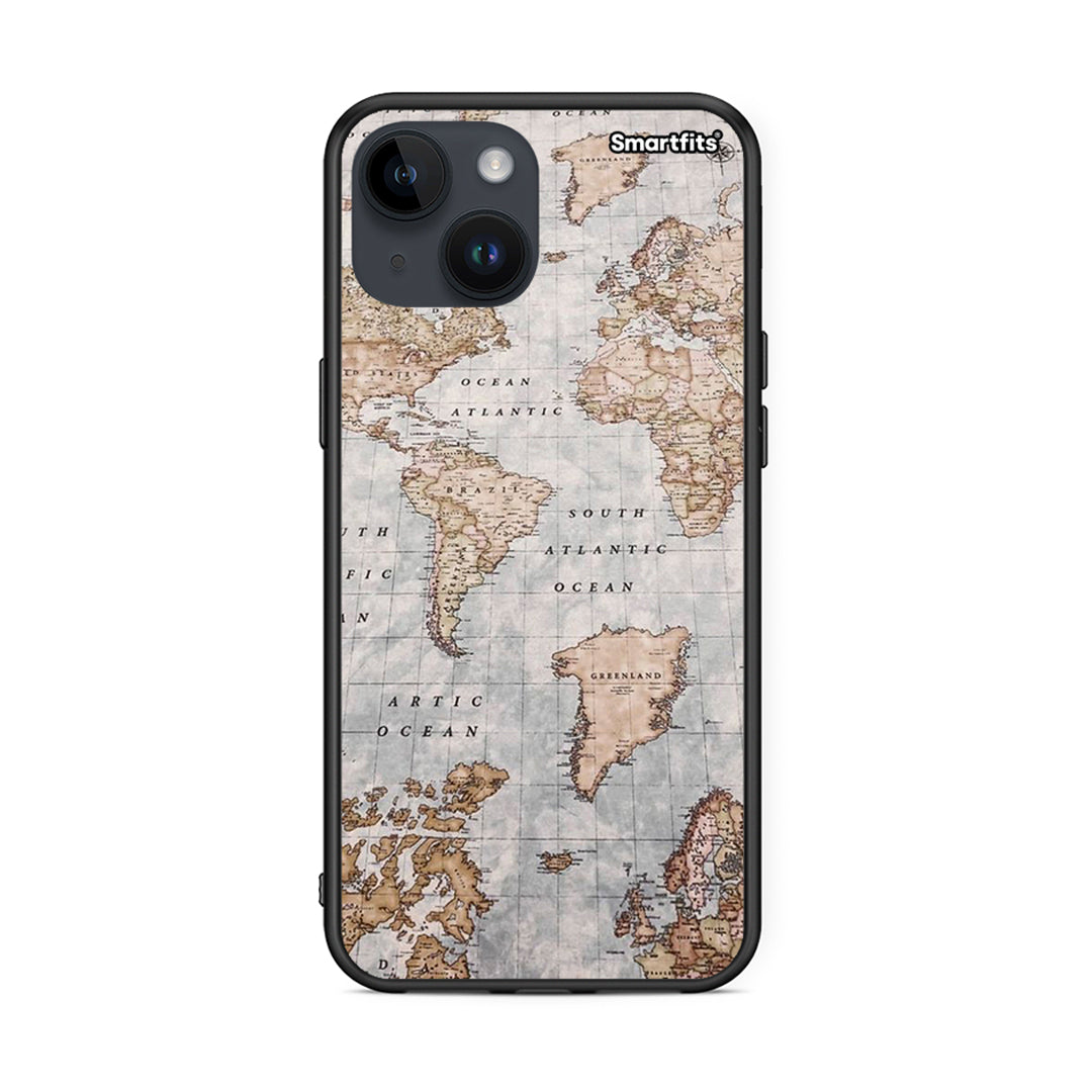 iPhone 15 World Map Θήκη από τη Smartfits με σχέδιο στο πίσω μέρος και μαύρο περίβλημα | Smartphone case with colorful back and black bezels by Smartfits