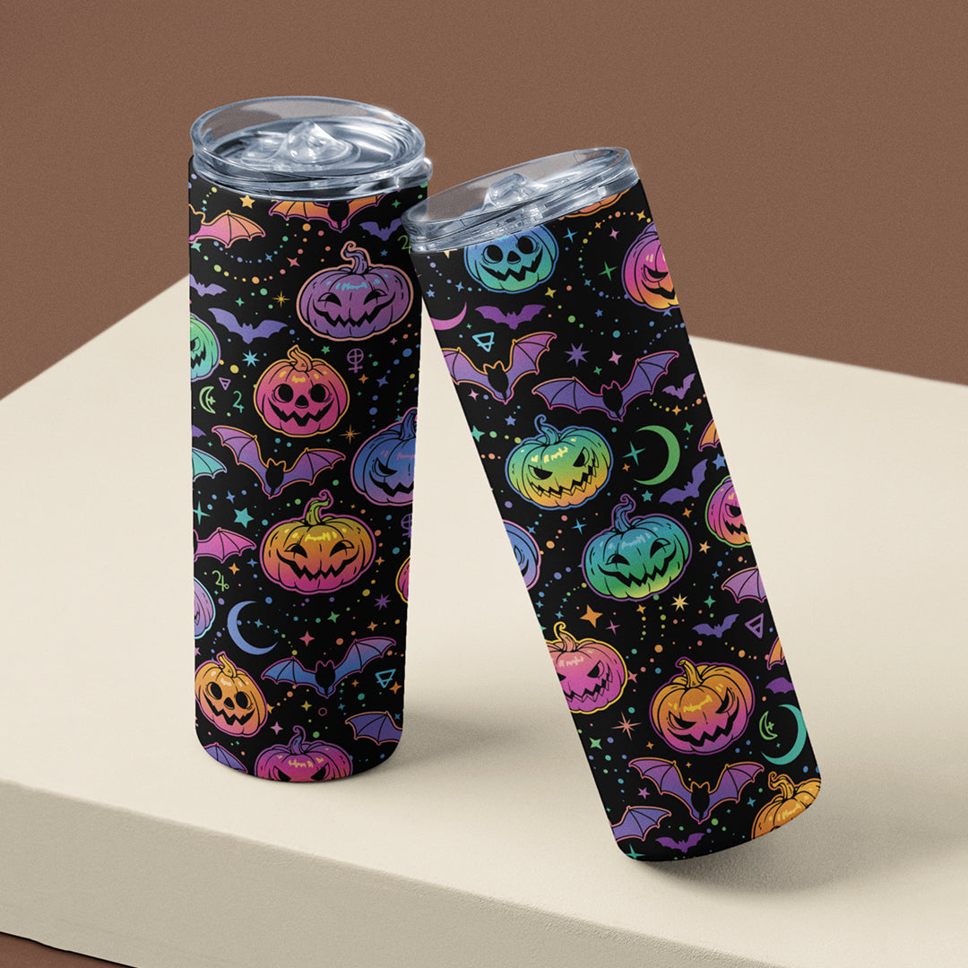 Halloween Neon Pumpkins - Ατσάλινο Ποτήρι με Καπάκι και Καλαμάκι
