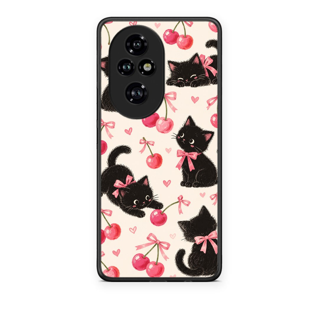 Θήκη Honor 200 Pro 5G Black Kittens and Cherries on Cream από τη Smartfits με σχέδιο στο πίσω μέρος και μαύρο περίβλημα | Honor 200 Pro 5G Black Kittens and Cherries on Cream case with colorful back and black bezels