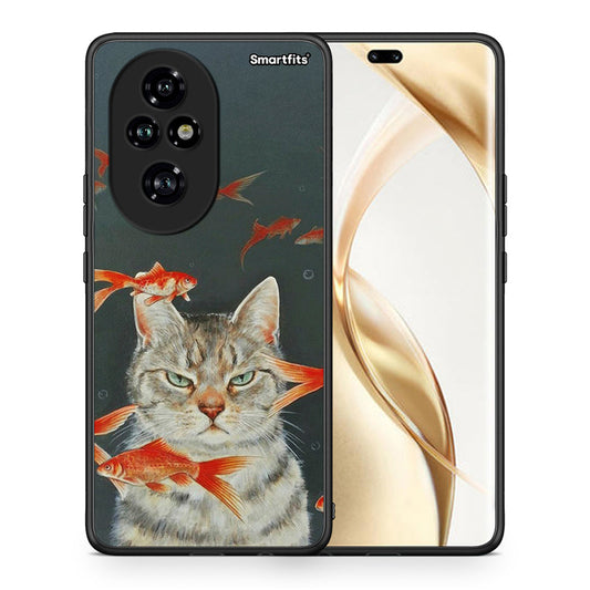 Θήκη Honor 200 Pro 5G Cat Goldfish από τη Smartfits με σχέδιο στο πίσω μέρος και μαύρο περίβλημα | Honor 200 Pro 5G Cat Goldfish case with colorful back and black bezels