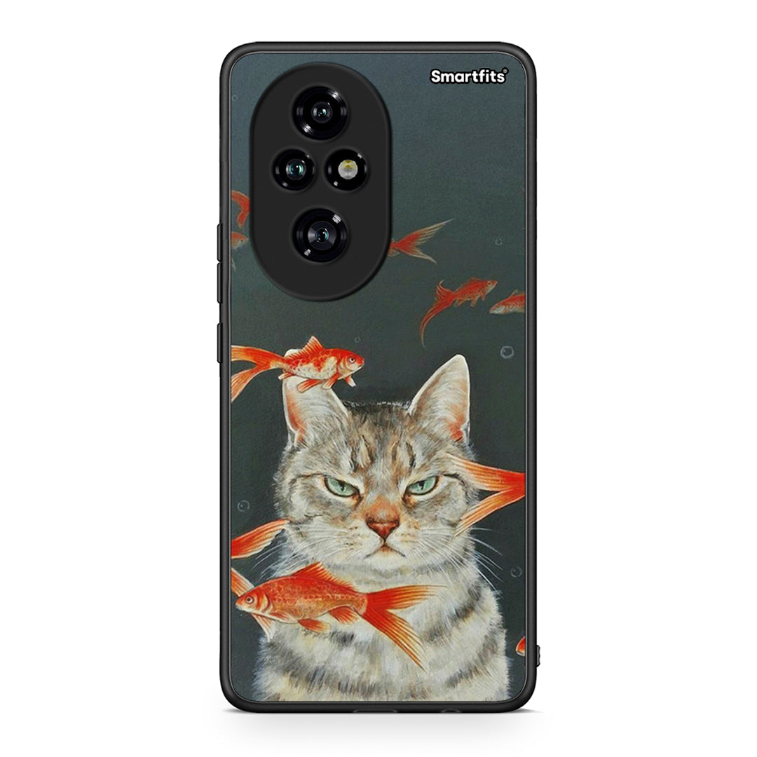 Honor 200 Pro 5G Cat Goldfish θήκη από τη Smartfits με σχέδιο στο πίσω μέρος και μαύρο περίβλημα | Smartphone case with colorful back and black bezels by Smartfits