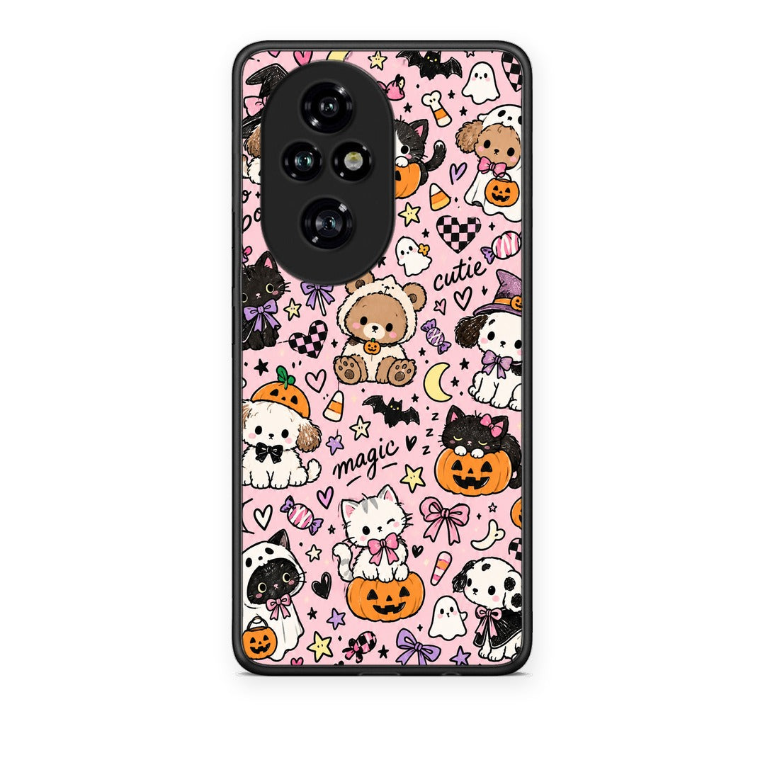 Θήκη Honor 200 Pro 5G Halloween Cute Animals on Pink από τη Smartfits με σχέδιο στο πίσω μέρος και μαύρο περίβλημα | Honor 200 Pro 5G Halloween Cute Animals on Pink case with colorful back and black bezels