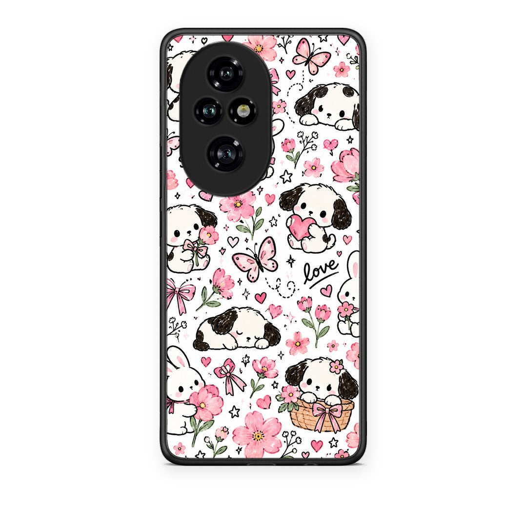 Θήκη Honor 200 Pro 5G Pink Florals Puppies and Bunnies on White από τη Smartfits με σχέδιο στο πίσω μέρος και μαύρο περίβλημα | Honor 200 Pro 5G Pink Florals Puppies and Bunnies on White case with colorful back and black bezels