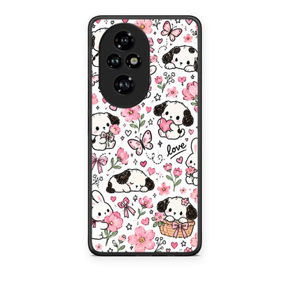 Θήκη Honor 200 Pro 5G Pink Florals Puppies and Bunnies on White από τη Smartfits με σχέδιο στο πίσω μέρος και μαύρο περίβλημα | Honor 200 Pro 5G Pink Florals Puppies and Bunnies on White case with colorful back and black bezels