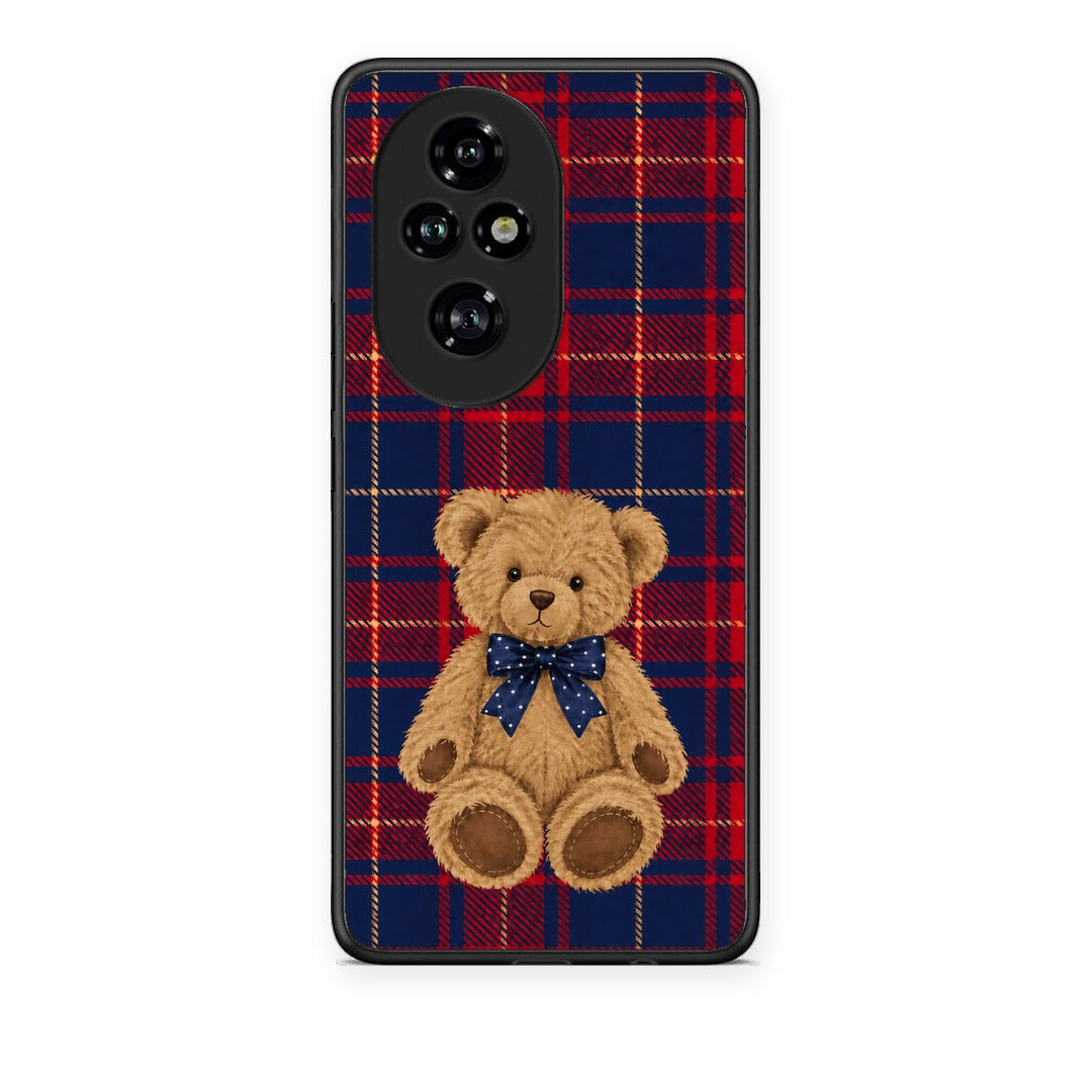 Θήκη Honor 200 Pro 5G Teddy Bear on Red and Navy Tartan από τη Smartfits με σχέδιο στο πίσω μέρος και μαύρο περίβλημα | Honor 200 Pro 5G Teddy Bear on Red and Navy Tartan case with colorful back and black bezels