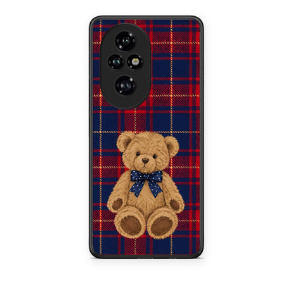 Θήκη Honor 200 Pro 5G Teddy Bear on Red and Navy Tartan από τη Smartfits με σχέδιο στο πίσω μέρος και μαύρο περίβλημα | Honor 200 Pro 5G Teddy Bear on Red and Navy Tartan case with colorful back and black bezels