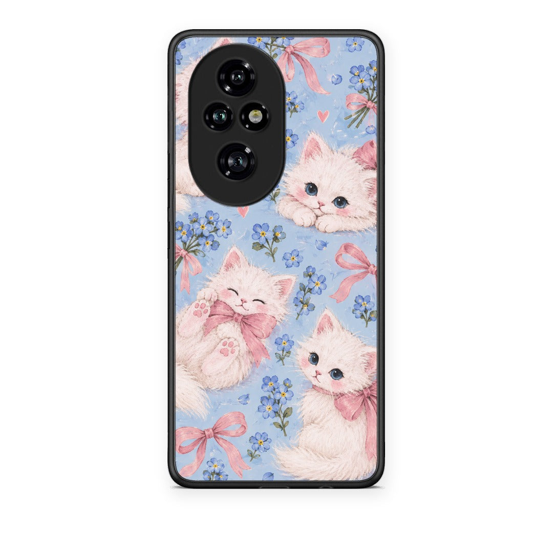 Θήκη Honor 200 Pro 5G White Kittens and Blue Flowers Large από τη Smartfits με σχέδιο στο πίσω μέρος και μαύρο περίβλημα | Honor 200 Pro 5G White Kittens and Blue Flowers Large case with colorful back and black bezels