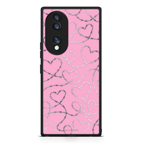 Θήκη Honor 70 5G Barbed Wire Hearts on Pink από τη Smartfits με σχέδιο στο πίσω μέρος και μαύρο περίβλημα | Honor 70 5G Barbed Wire Hearts on Pink case with colorful back and black bezels