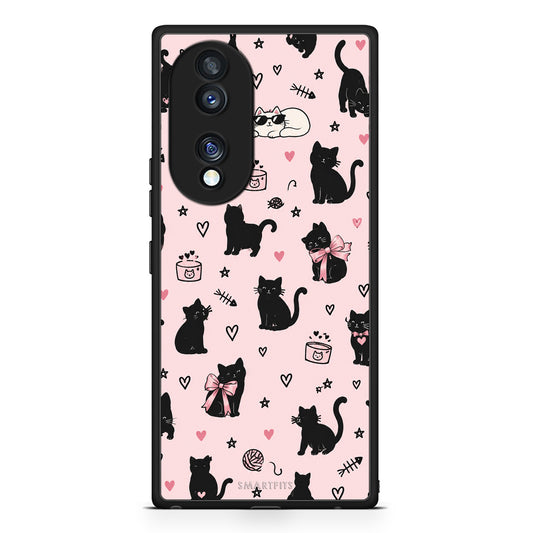 Θήκη Honor 70 5G Black Cat Doodles on Pink από τη Smartfits με σχέδιο στο πίσω μέρος και μαύρο περίβλημα | Honor 70 5G Black Cat Doodles on Pink case with colorful back and black bezels
