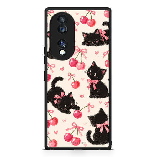 Θήκη Honor 70 5G Black Kittens and Cherries on Cream από τη Smartfits με σχέδιο στο πίσω μέρος και μαύρο περίβλημα | Honor 70 5G Black Kittens and Cherries on Cream case with colorful back and black bezels