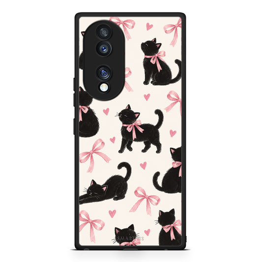 Θήκη Honor 70 5G Black Kittens and Pink Bows on Cream Large από τη Smartfits με σχέδιο στο πίσω μέρος και μαύρο περίβλημα | Honor 70 5G Black Kittens and Pink Bows on Cream Large case with colorful back and black bezels