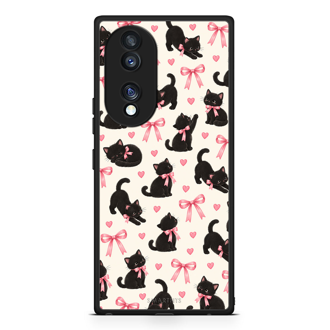 Θήκη Honor 70 5G Black Kittens and Pink Bows on Cream Small από τη Smartfits με σχέδιο στο πίσω μέρος και μαύρο περίβλημα | Honor 70 5G Black Kittens and Pink Bows on Cream Small case with colorful back and black bezels