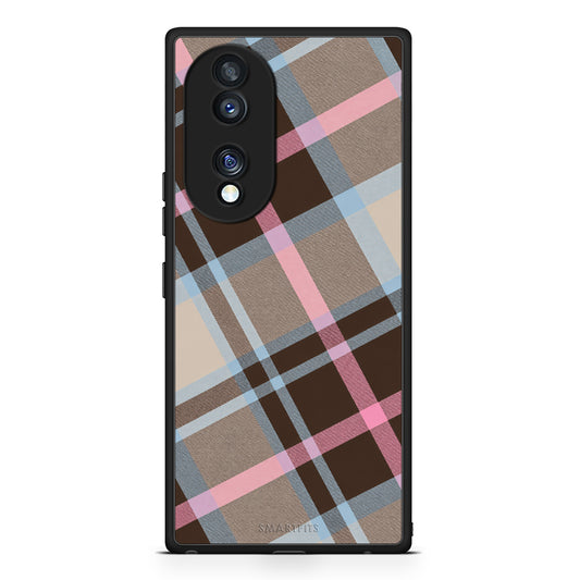 Θήκη Honor 70 5G Brown Pink and Blue Diagonal Plaid από τη Smartfits με σχέδιο στο πίσω μέρος και μαύρο περίβλημα | Honor 70 5G Brown Pink and Blue Diagonal Plaid case with colorful back and black bezels