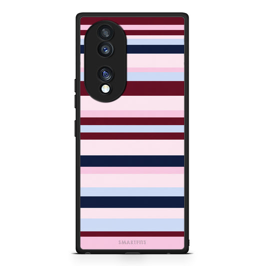 Θήκη Honor 70 5G Burgundy Pink and Blue Horizontal Stripes από τη Smartfits με σχέδιο στο πίσω μέρος και μαύρο περίβλημα | Honor 70 5G Burgundy Pink and Blue Horizontal Stripes case with colorful back and black bezels