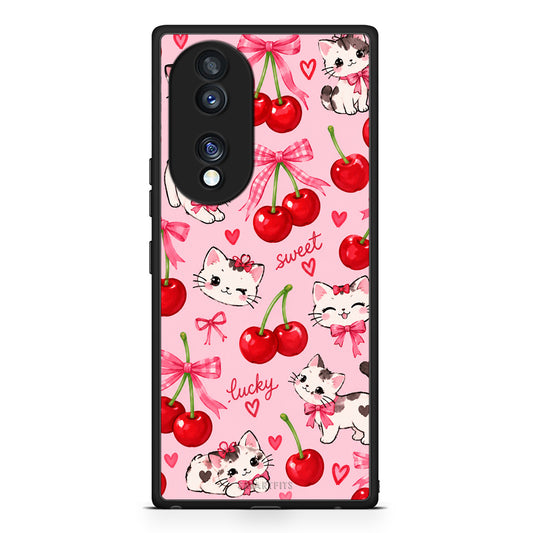 Θήκη Honor 70 5G Cherries Bows and Kittens on Pink από τη Smartfits με σχέδιο στο πίσω μέρος και μαύρο περίβλημα | Honor 70 5G Cherries Bows and Kittens on Pink case with colorful back and black bezels