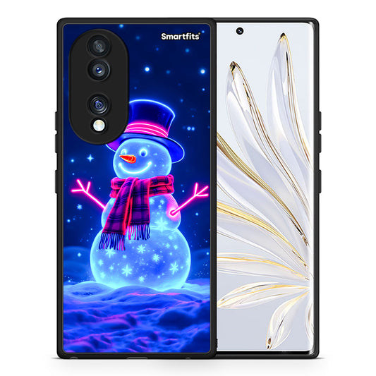 Θήκη Honor 70 5G Christmas Neon Snowman από τη Smartfits με σχέδιο στο πίσω μέρος και μαύρο περίβλημα | Honor 70 5G Christmas Neon Snowman Case with Colorful Back and Black Bezels