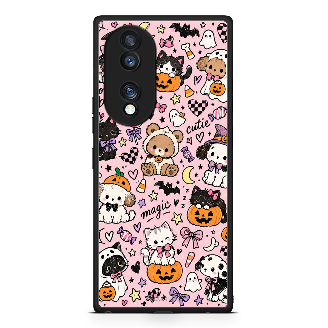 Θήκη Honor 70 5G Halloween Cute Animals on Pink από τη Smartfits με σχέδιο στο πίσω μέρος και μαύρο περίβλημα | Honor 70 5G Halloween Cute Animals on Pink case with colorful back and black bezels