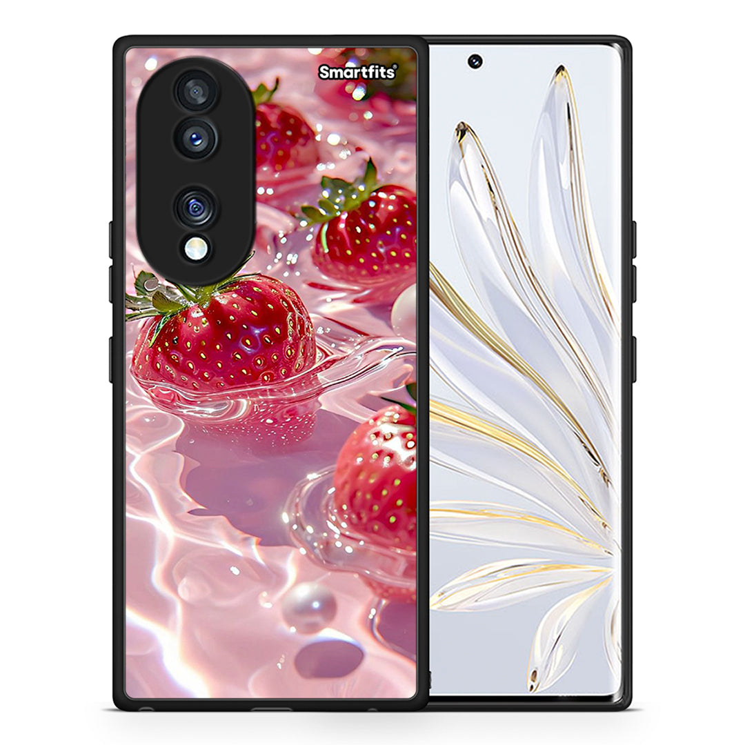 Θήκη Honor 70 5G Juicy Strawberries από τη Smartfits με σχέδιο στο πίσω μέρος και μαύρο περίβλημα | Honor 70 5G Juicy Strawberries Case with Colorful Back and Black Bezels