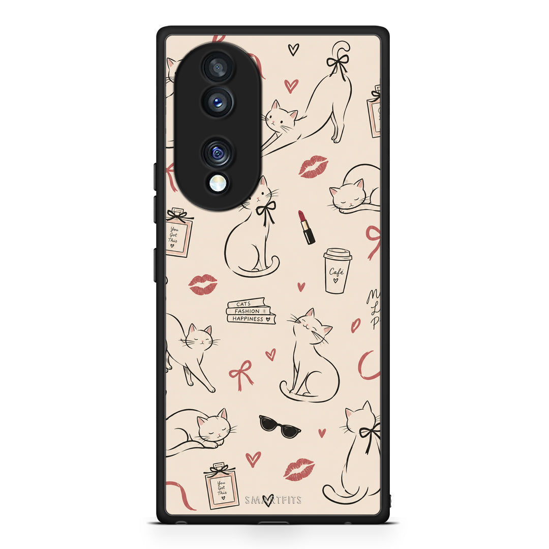 Θήκη Honor 70 5G Minimal Cat and Fashion Doodles on Cream από τη Smartfits με σχέδιο στο πίσω μέρος και μαύρο περίβλημα | Honor 70 5G Minimal Cat and Fashion Doodles on Cream case with colorful back and black bezels