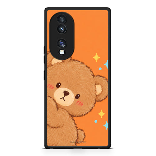 Θήκη Honor 70 5G Peekaboo Teddy on Orange από τη Smartfits με σχέδιο στο πίσω μέρος και μαύρο περίβλημα | Honor 70 5G Peekaboo Teddy on Orange case with colorful back and black bezels