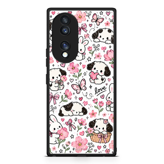 Θήκη Honor 70 5G Pink Florals Puppies and Bunnies on White από τη Smartfits με σχέδιο στο πίσω μέρος και μαύρο περίβλημα | Honor 70 5G Pink Florals Puppies and Bunnies on White case with colorful back and black bezels