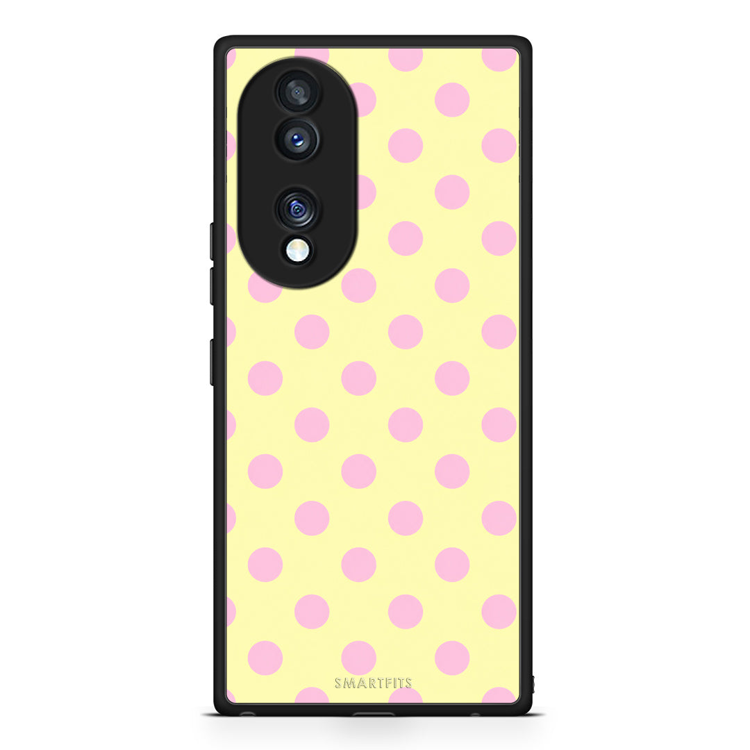 Θήκη Honor 70 5G Pink Polka Dots on Yellow από τη Smartfits με σχέδιο στο πίσω μέρος και μαύρο περίβλημα | Honor 70 5G Pink Polka Dots on Yellow case with colorful back and black bezels