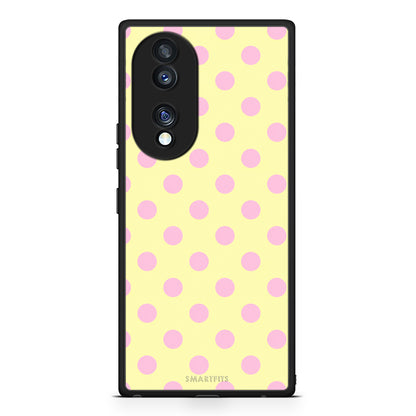 Θήκη Honor 70 5G Pink Polka Dots on Yellow από τη Smartfits με σχέδιο στο πίσω μέρος και μαύρο περίβλημα | Honor 70 5G Pink Polka Dots on Yellow case with colorful back and black bezels