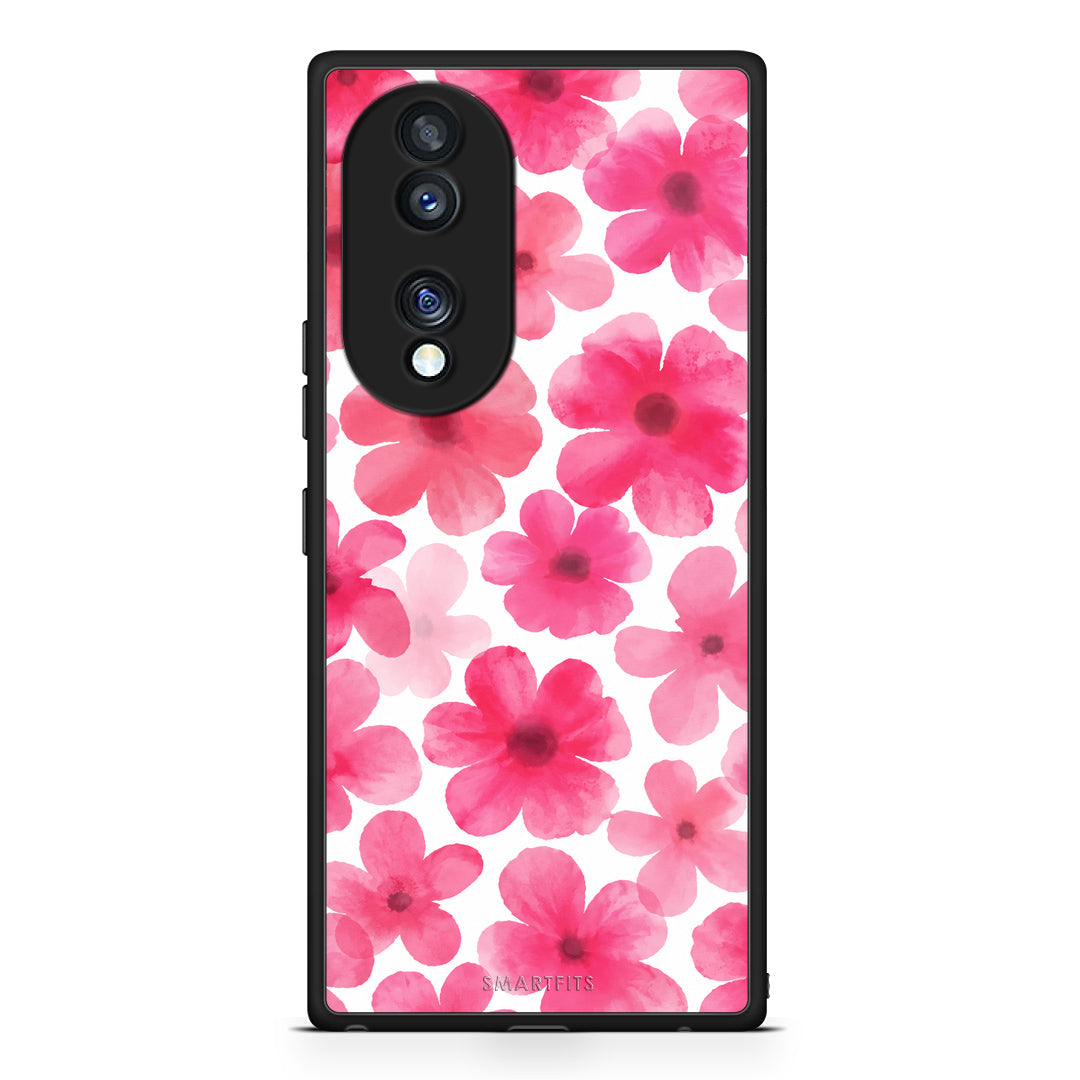 Θήκη Honor 70 5G Pink Watercolour Flowers on White από τη Smartfits με σχέδιο στο πίσω μέρος και μαύρο περίβλημα | Honor 70 5G Pink Watercolour Flowers on White case with colorful back and black bezels