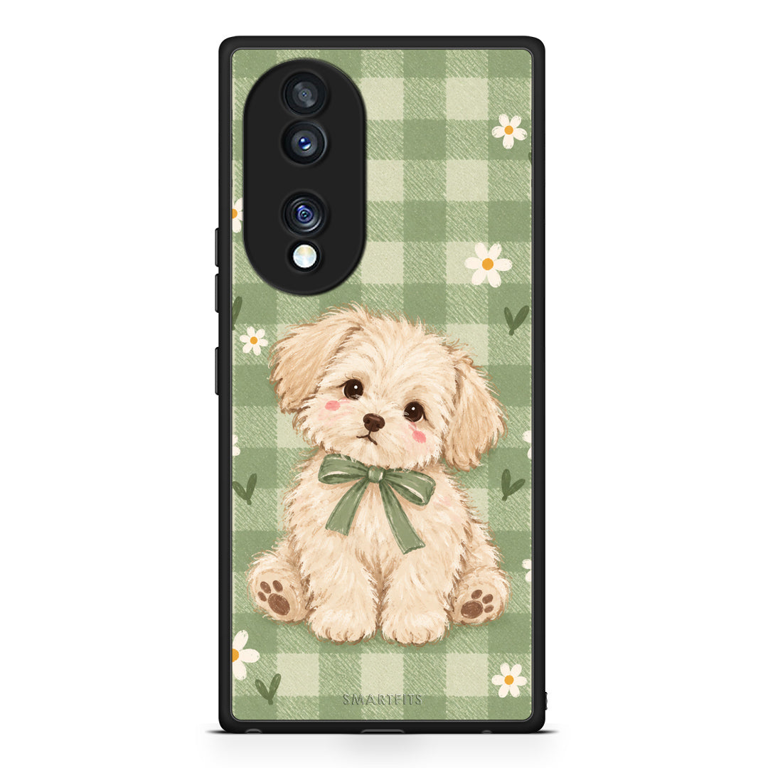 Θήκη Honor 70 5G Puppy and Daisies on Sage Gingham από τη Smartfits με σχέδιο στο πίσω μέρος και μαύρο περίβλημα | Honor 70 5G Puppy and Daisies on Sage Gingham case with colorful back and black bezels
