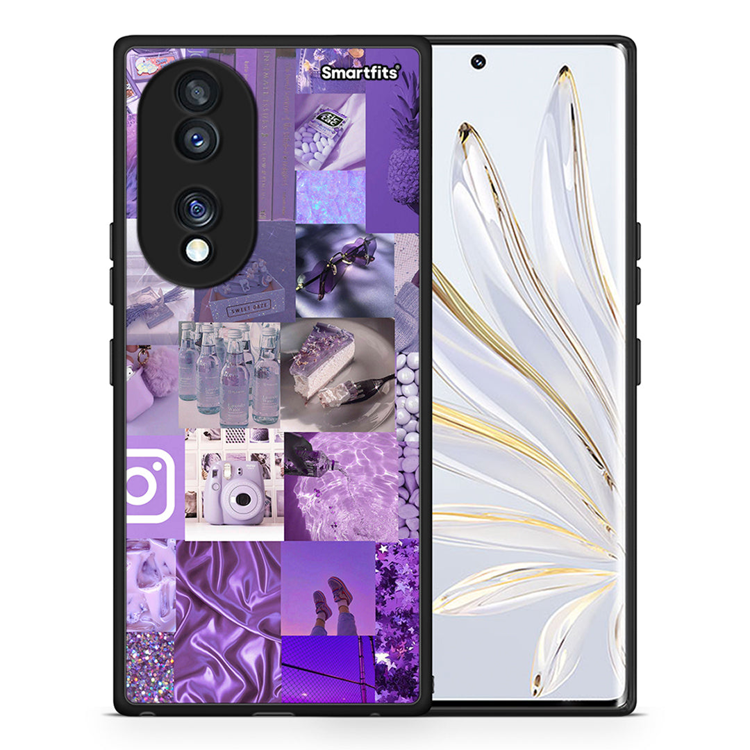 Θήκη Honor 70 5G Purple Aesthetic Collage από τη Smartfits με σχέδιο στο πίσω μέρος και μαύρο περίβλημα | Honor 70 5G Purple Aesthetic Collage Case with Colorful Back and Black Bezels