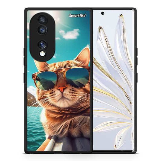 Θήκη Honor 70 5G Summer Cat από τη Smartfits με σχέδιο στο πίσω μέρος και μαύρο περίβλημα | Honor 70 5G Summer Cat Case with Colorful Back and Black Bezels