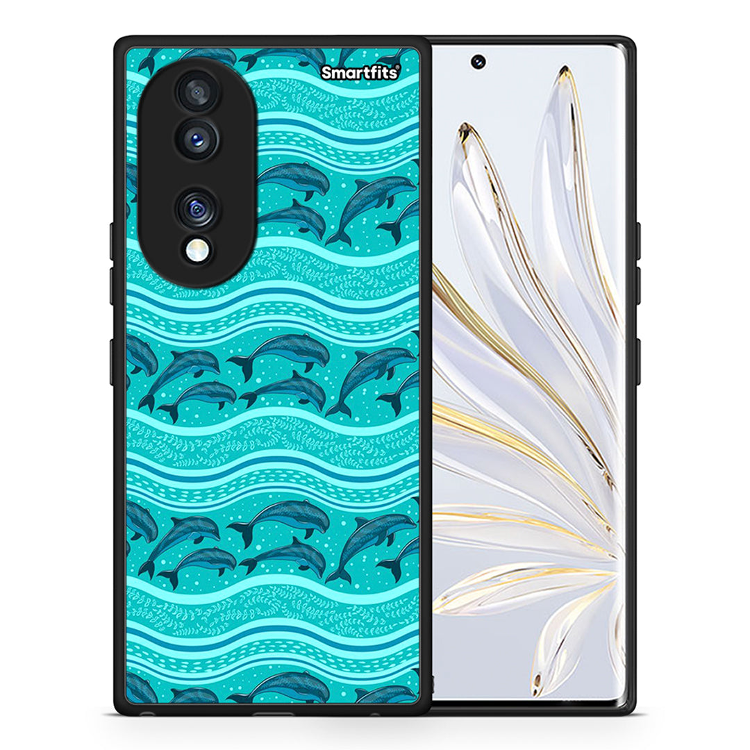 Θήκη Honor 70 5G Swimming Dolphins από τη Smartfits με σχέδιο στο πίσω μέρος και μαύρο περίβλημα | Honor 70 5G Swimming Dolphins Case with Colorful Back and Black Bezels