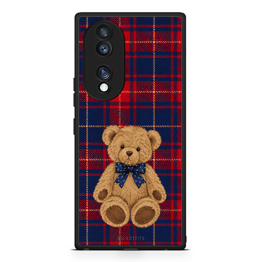 Θήκη Honor 70 5G Teddy Bear on Red and Navy Tartan από τη Smartfits με σχέδιο στο πίσω μέρος και μαύρο περίβλημα | Honor 70 5G Teddy Bear on Red and Navy Tartan case with colorful back and black bezels
