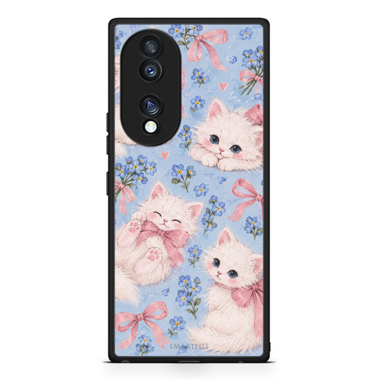 Θήκη Honor 70 5G White Kittens and Blue Flowers Large από τη Smartfits με σχέδιο στο πίσω μέρος και μαύρο περίβλημα | Honor 70 5G White Kittens and Blue Flowers Large case with colorful back and black bezels