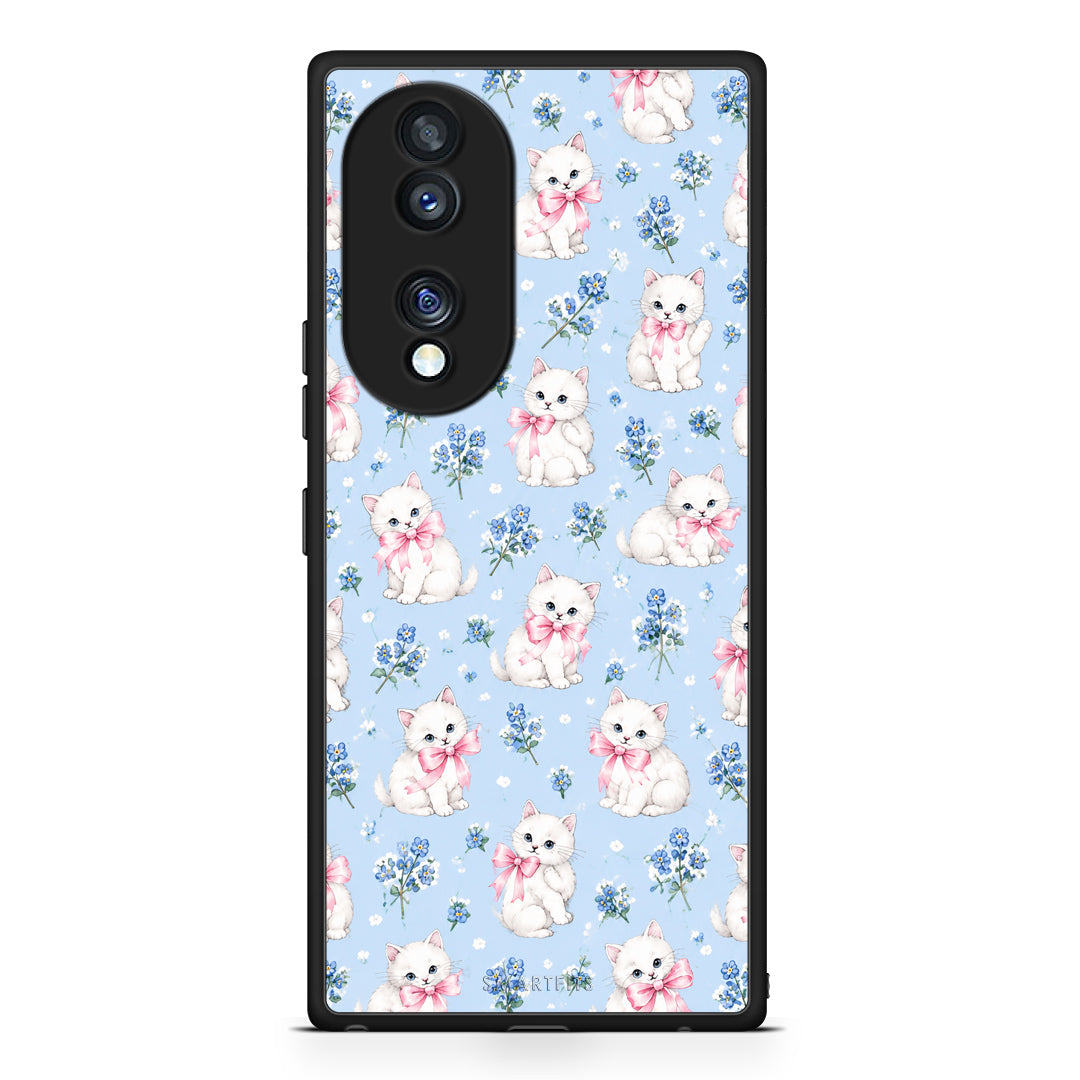 Θήκη Honor 70 5G White Kittens and Blue Flowers Small από τη Smartfits με σχέδιο στο πίσω μέρος και μαύρο περίβλημα | Honor 70 5G White Kittens and Blue Flowers Small case with colorful back and black bezels