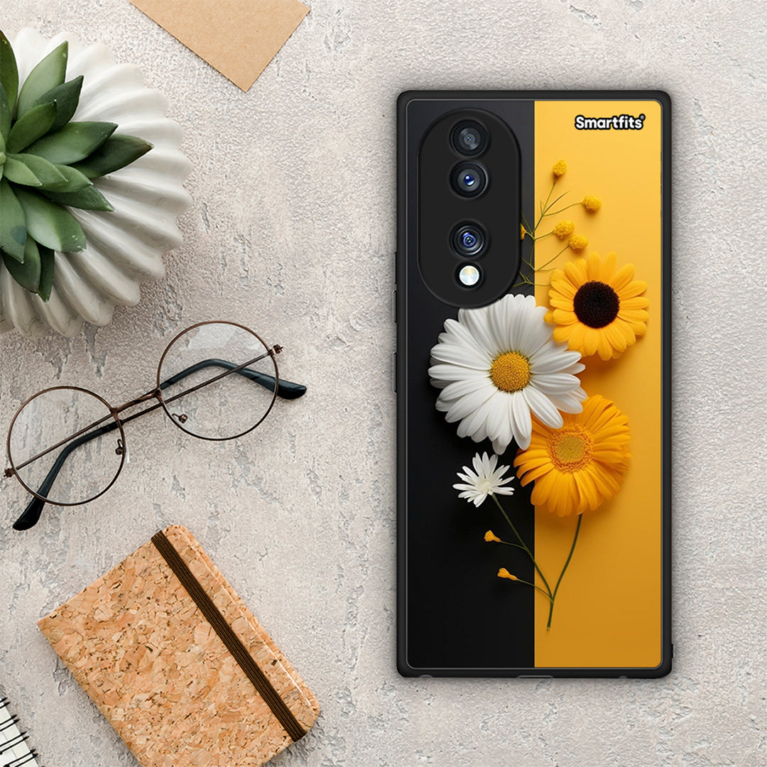 Θήκη Honor 70 5G Yellow Daisies από τη Smartfits με σχέδιο στο πίσω μέρος και μαύρο περίβλημα | Honor 70 5G Yellow Daisies Case with Colorful Back and Black Bezels