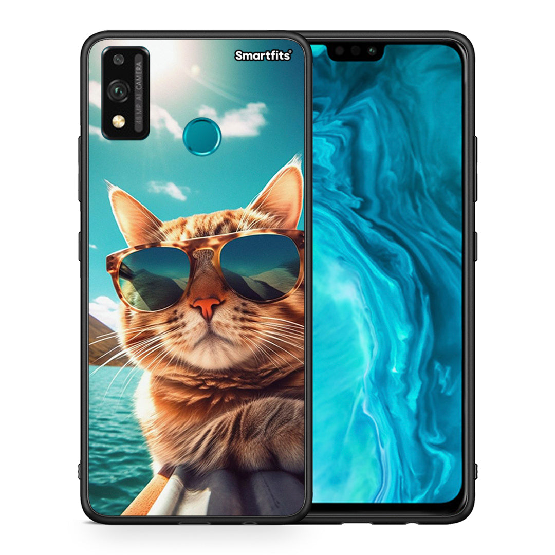 Θήκη Honor 9X Lite Summer Cat από τη Smartfits με σχέδιο στο πίσω μέρος και μαύρο περίβλημα | Honor 9X Lite Summer Cat case with colorful back and black bezels