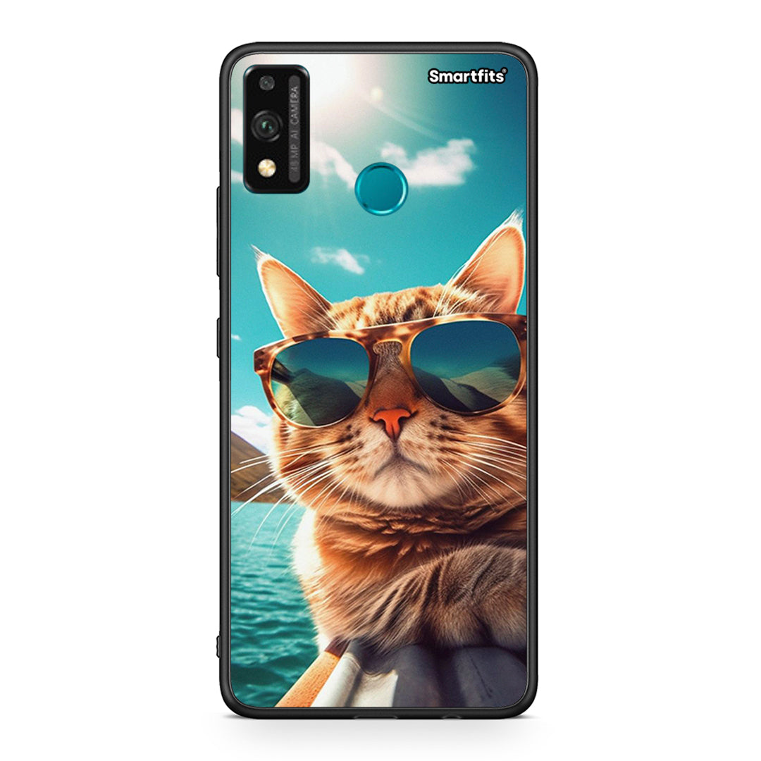 Honor 9X Lite Summer Cat θήκη από τη Smartfits με σχέδιο στο πίσω μέρος και μαύρο περίβλημα | Smartphone case with colorful back and black bezels by Smartfits